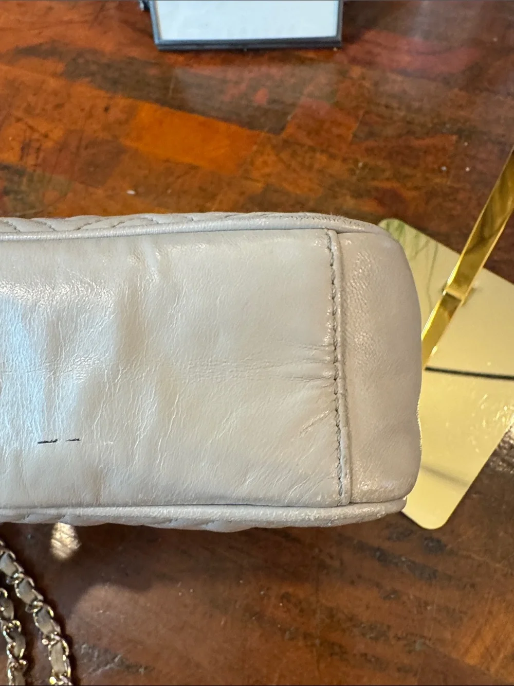 Tory Burch Quilted Leather Crossbody Bag in Light Gray with Gold Chain